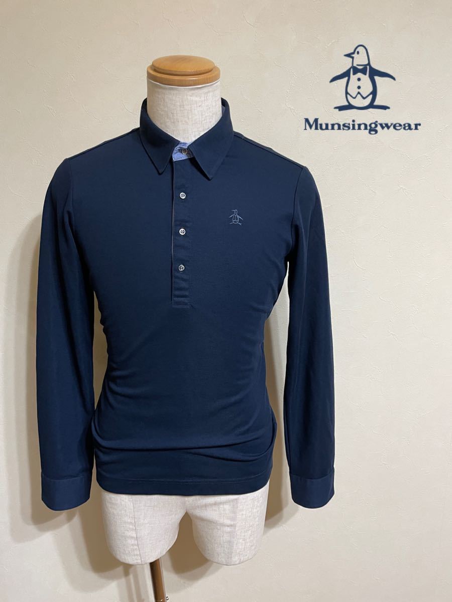 【良品】 Munsingwear golf PRESTIGE マンシングウェア ゴルフ ドライ 鹿の子 ポロシャツ トップス サイズM 長袖 ネイビー SG1292