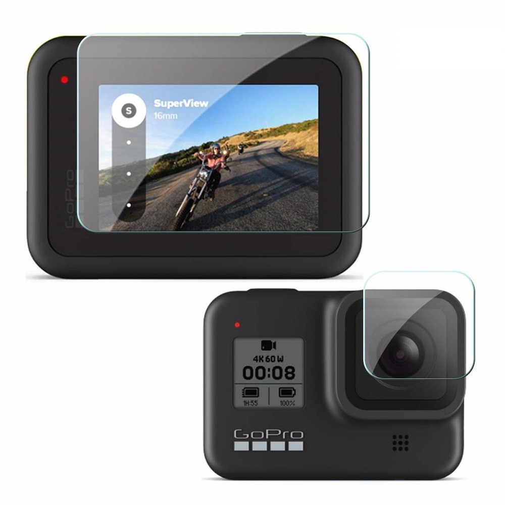 送料無料 GoPro Hero8 Black 対応 保護強化ガラスフィルム スクリーン・レンズ用2点セット スクリーン保護ガラスフィルムシート_画像1