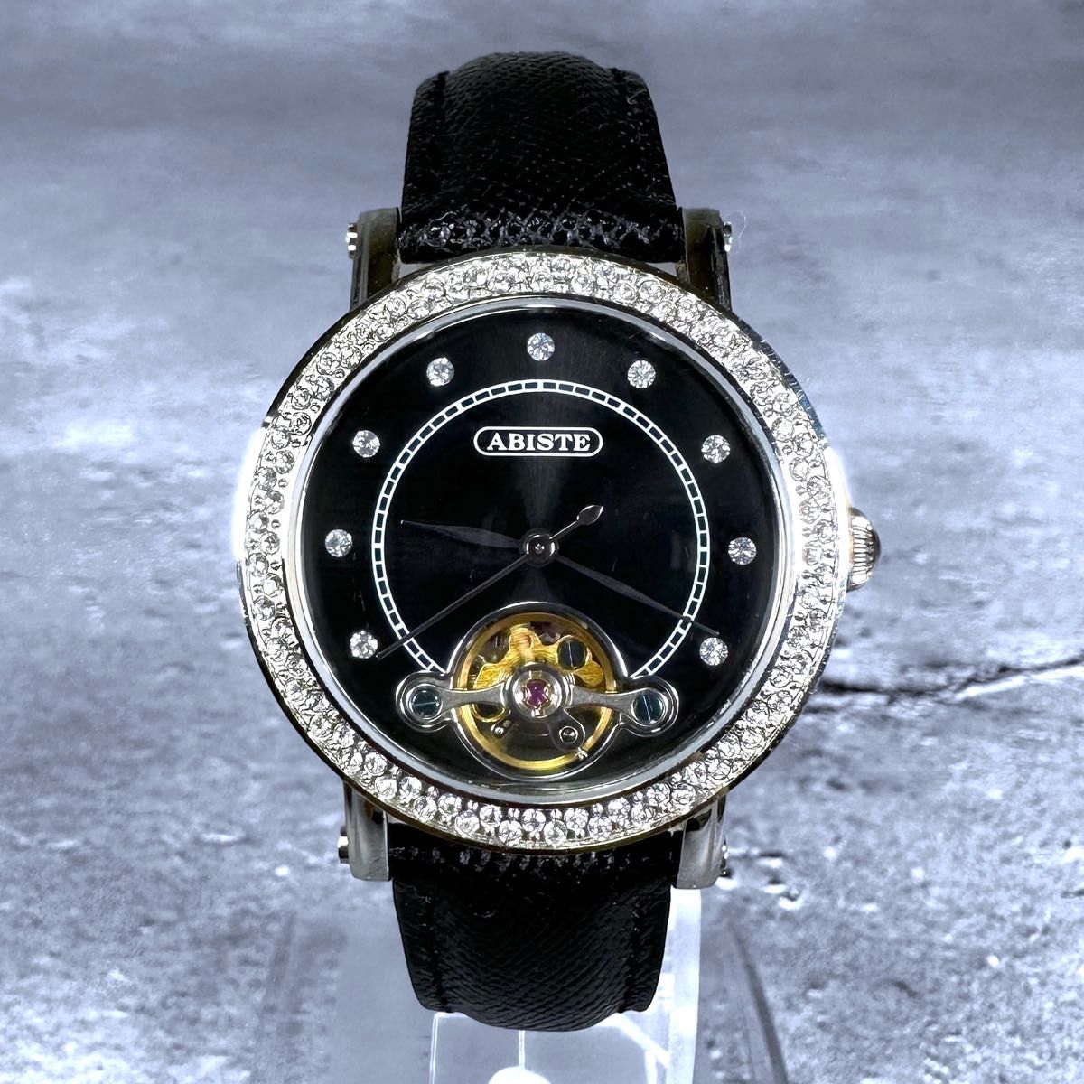 【美品】ABISTE ラウンドフェイス クリスタル レザーベルト 腕時計