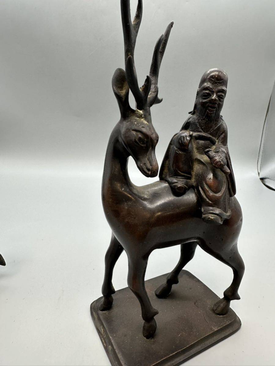 Y10037 時代物 中国 古玩 銅製 香炉 置物 牛 笛吹童子 鹿 寿老人 古美術-