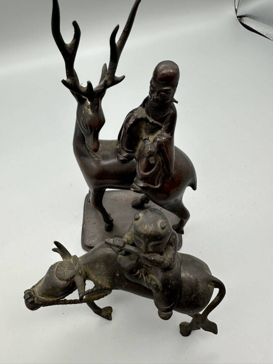 Y10037 時代物 中国 古玩 銅製 香炉 置物 牛 笛吹童子 鹿 寿老人 古美術-