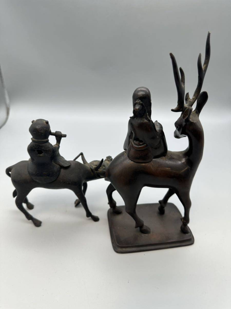 Y10037 時代物 中国 古玩 銅製 香炉 置物 牛 笛吹童子 鹿 寿老人 古美術-