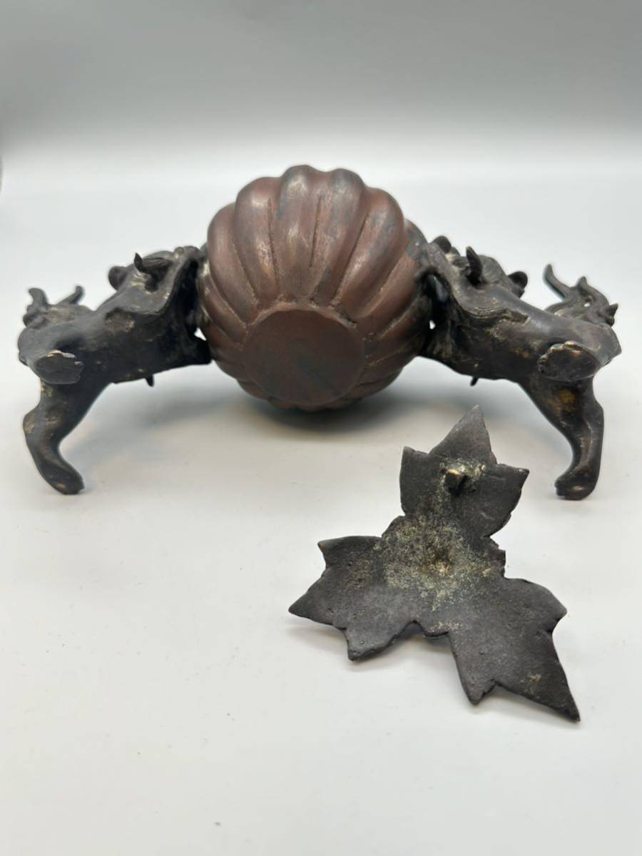 Y10038 時代物 銅製 茄子持双獅子 獅子 茄子 香炉 古玩 古美術-