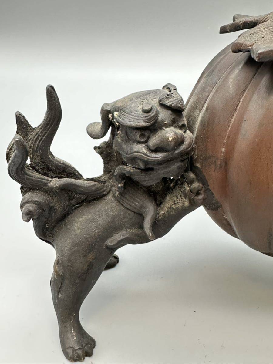 Y10038 時代物 銅製 茄子持双獅子 獅子 茄子 香炉 古玩 古美術-