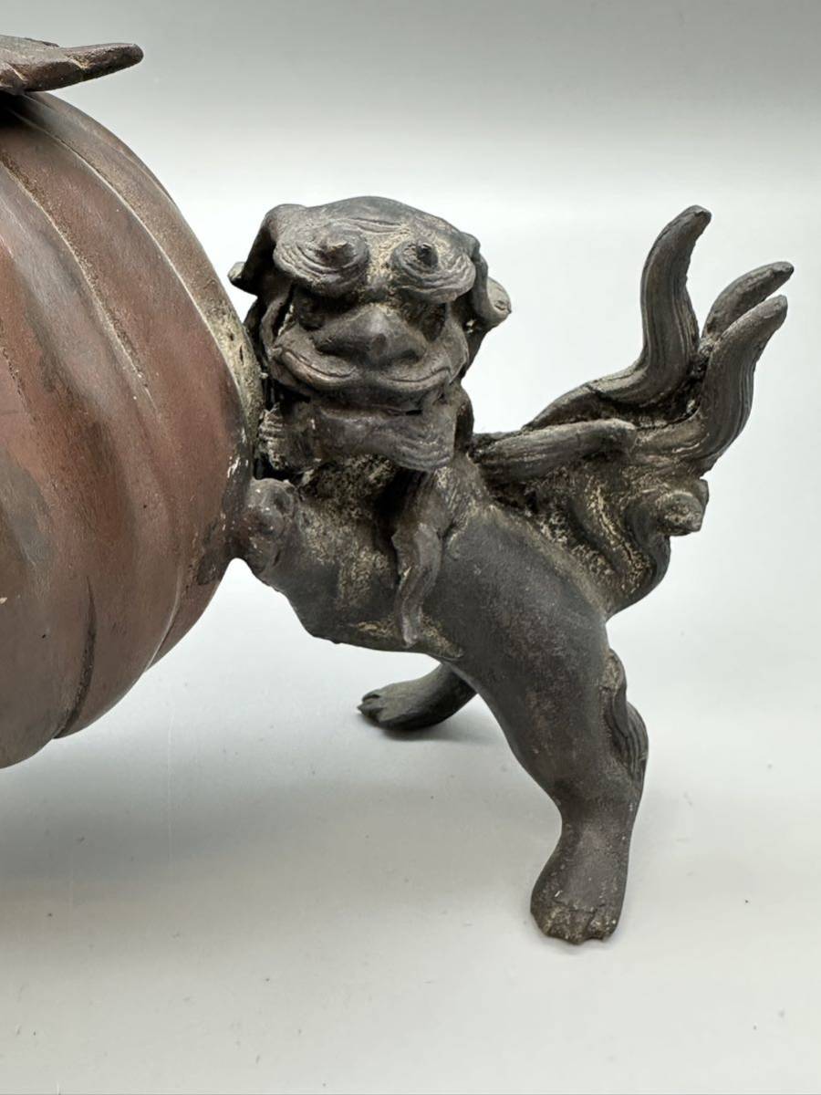 Y10038 時代物 銅製 茄子持双獅子 獅子 茄子 香炉 古玩 古美術-