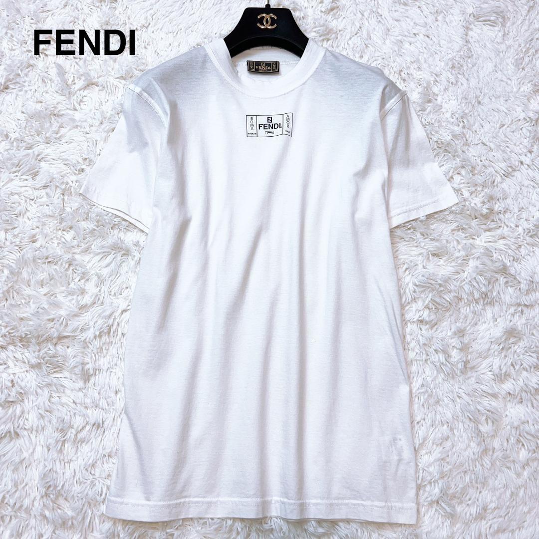 【美品】FENDI フェンディ　イタリア　イタリー　Tシャツ トップス　カットソー　ホワイト　白　黒　ブラック ロゴ入り　FF 38号　M_画像1