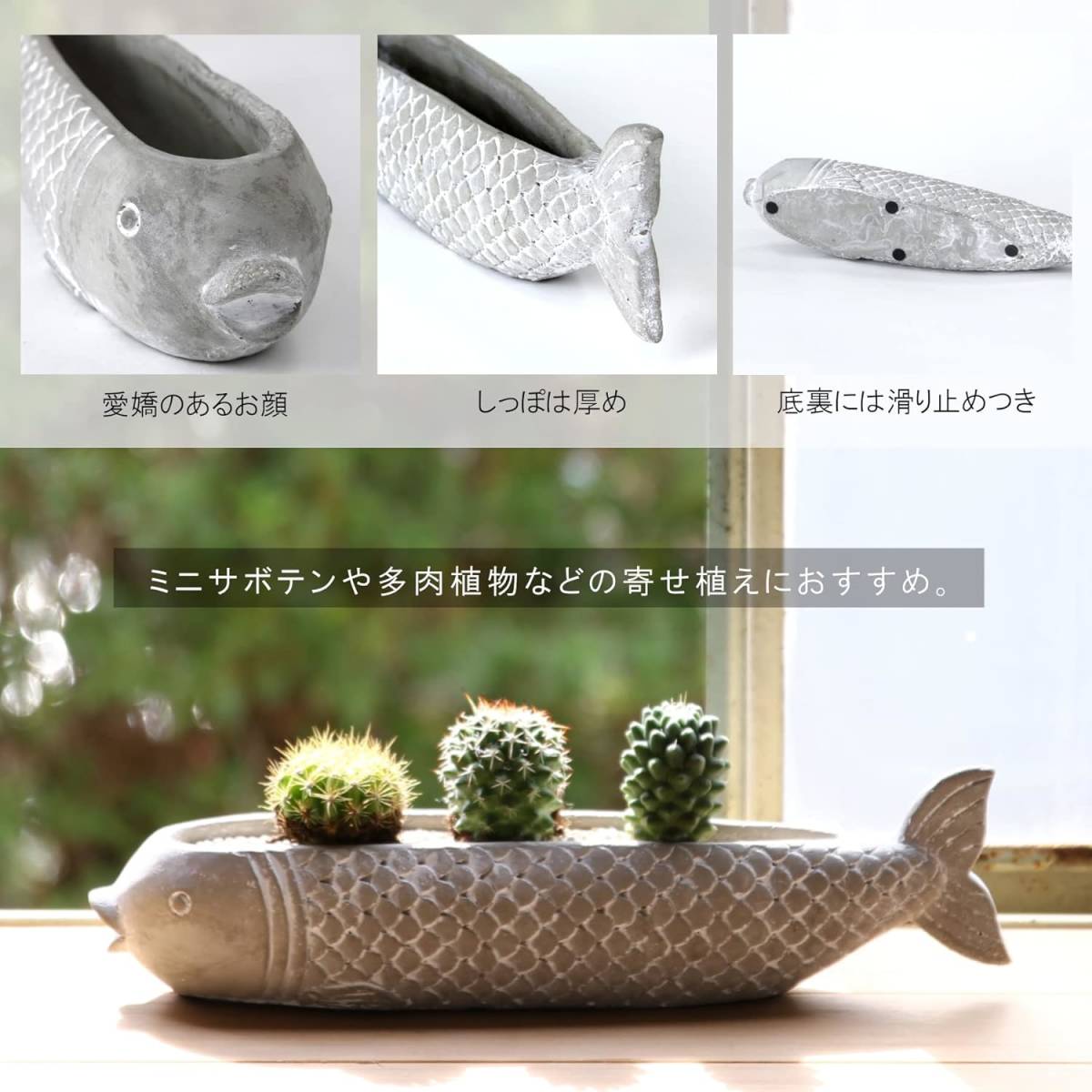 園芸用品 ミニプランター フィッシュ 植木鉢 室内鉢 サボテン 観葉植物 コンクリート お洒落 インテリア 横長 スリム 北欧 ガーデニング_画像4