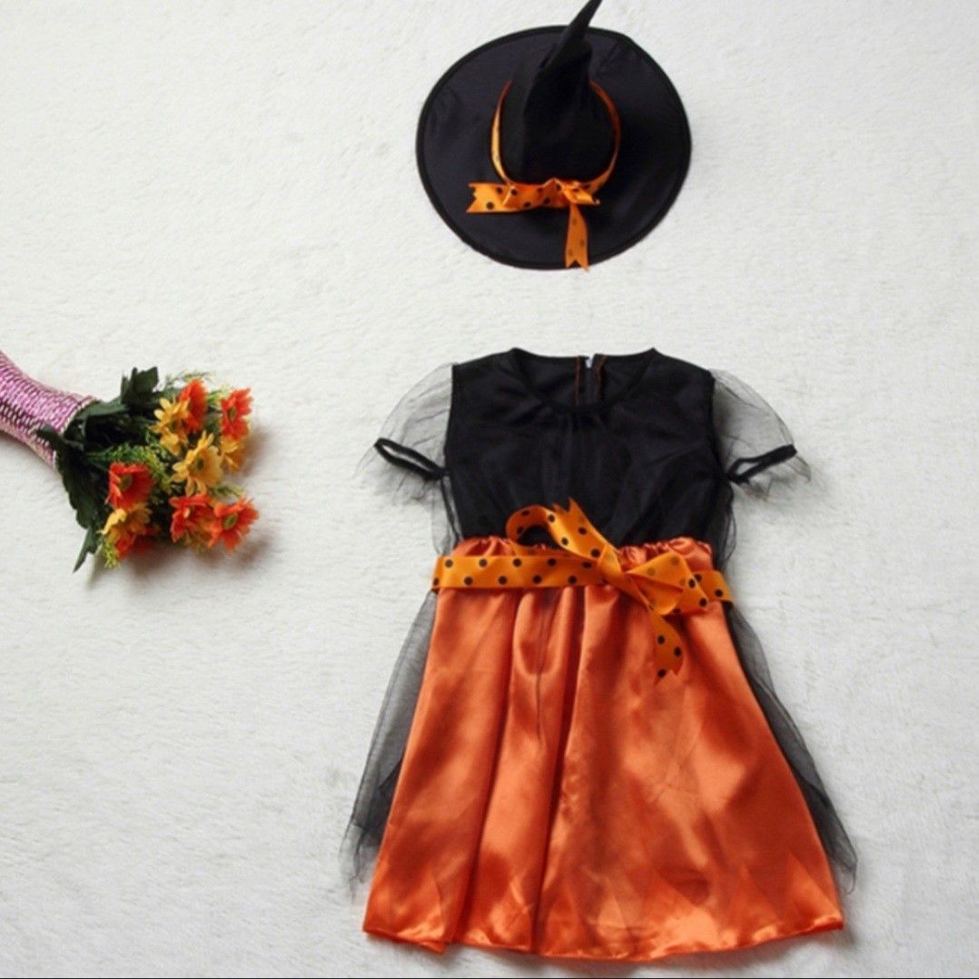 100 子供 ハロウィン キッズ コスプレ 女の子 魔女 ワンピース トンガリ帽子 パーティードレス ドレス トンガリぼうし 黒