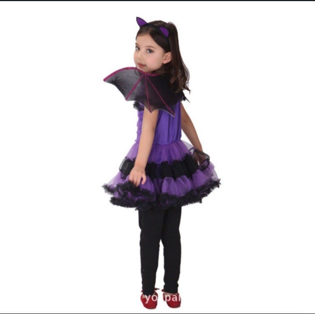 120 ヴァンパイア コウモリ コスプレ 女の子 キッズ 魔女 子供服 衣装 紫 デビル ハロウィン 悪魔 ドレス ワンピース 黒