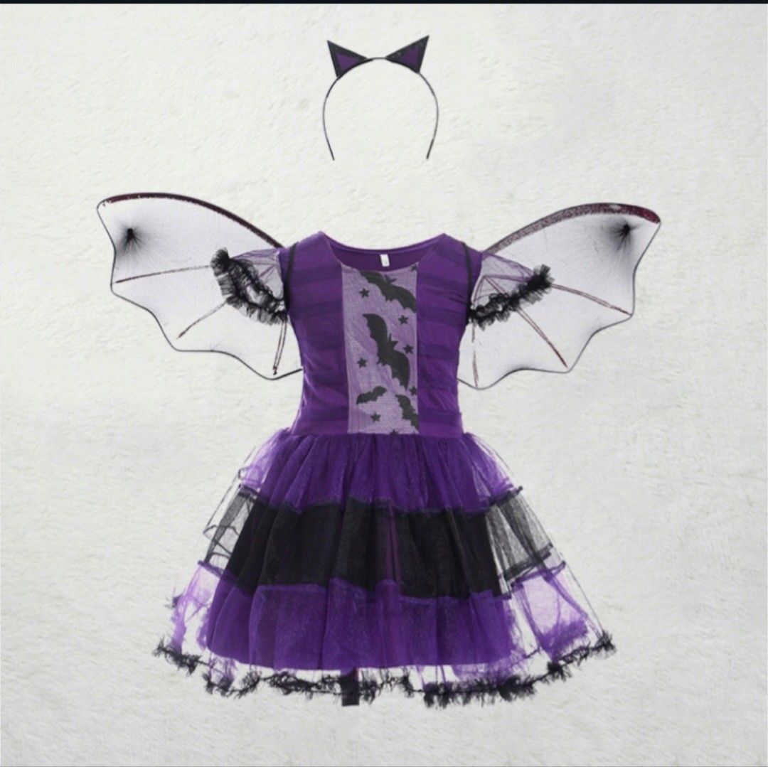 120 ヴァンパイア コウモリ コスプレ 女の子 キッズ 魔女 子供服 衣装 紫 デビル ハロウィン 悪魔 ドレス ワンピース 黒
