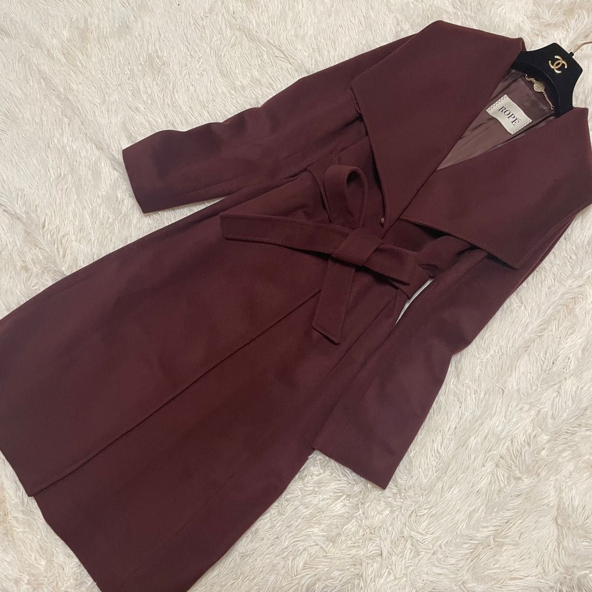 美品 ROPE ロペ 女優襟 ベルテッドコート カシミヤ混 ボルドー Lサイズ 美品 ROPE ロペ 女優襟 ベルテッドコート カシミヤ混 ボルドー Lサイズ