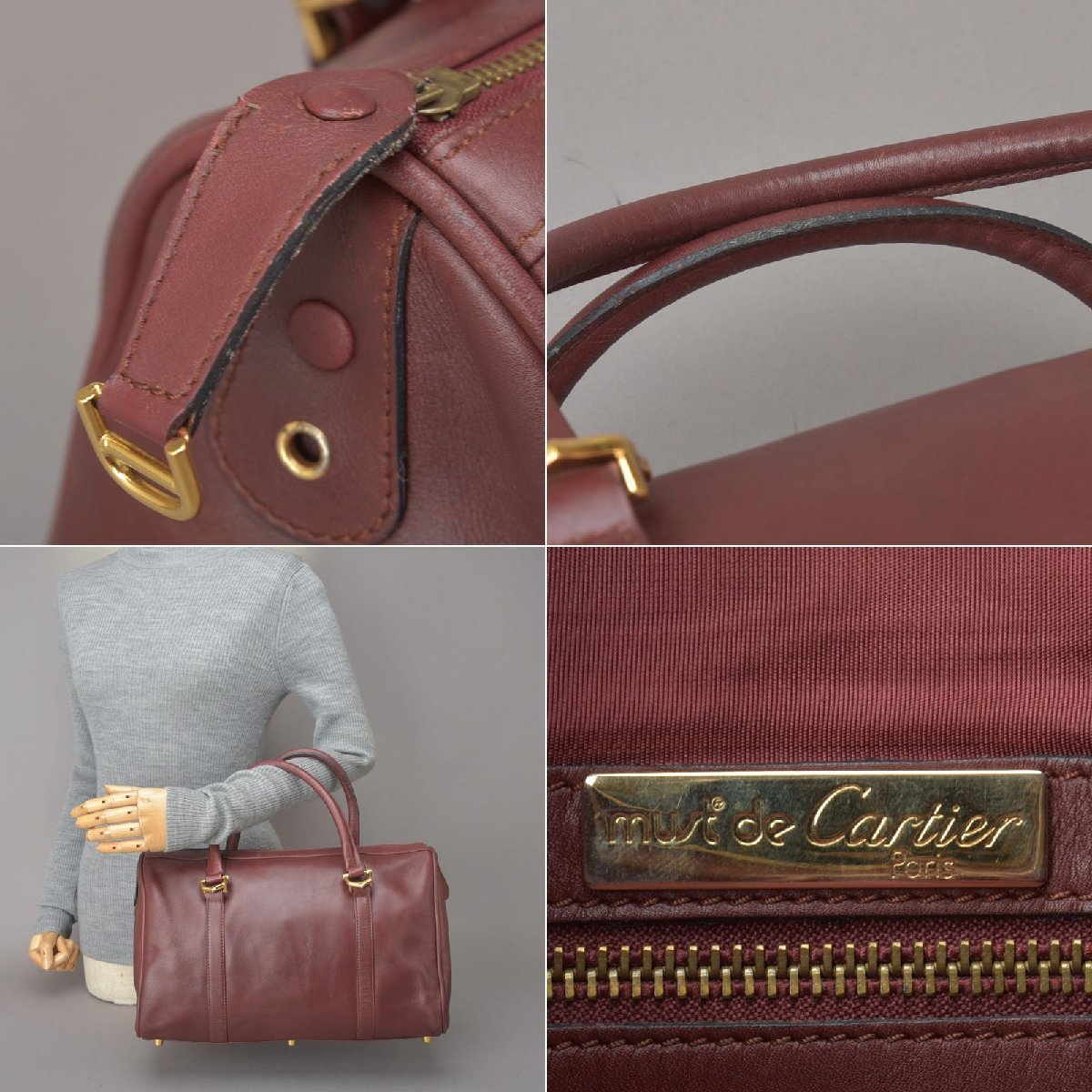must de Cartier カルティエ マストライン ボストンバッグ ハンドバッグ レザー ワインレッド ボルドー 2C ビンテージ 旅行鞄 ※k.f/k.i_画像10