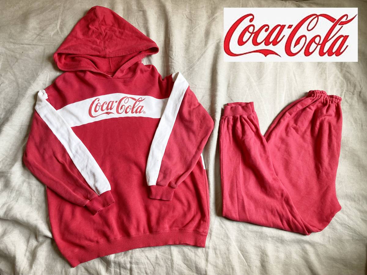 95年製 90’S Coca Cola コカコーラ セットアップ ロゴプリント パーカー パンツ スウェット プルオーバー コットン 赤 レッド 白 ★10