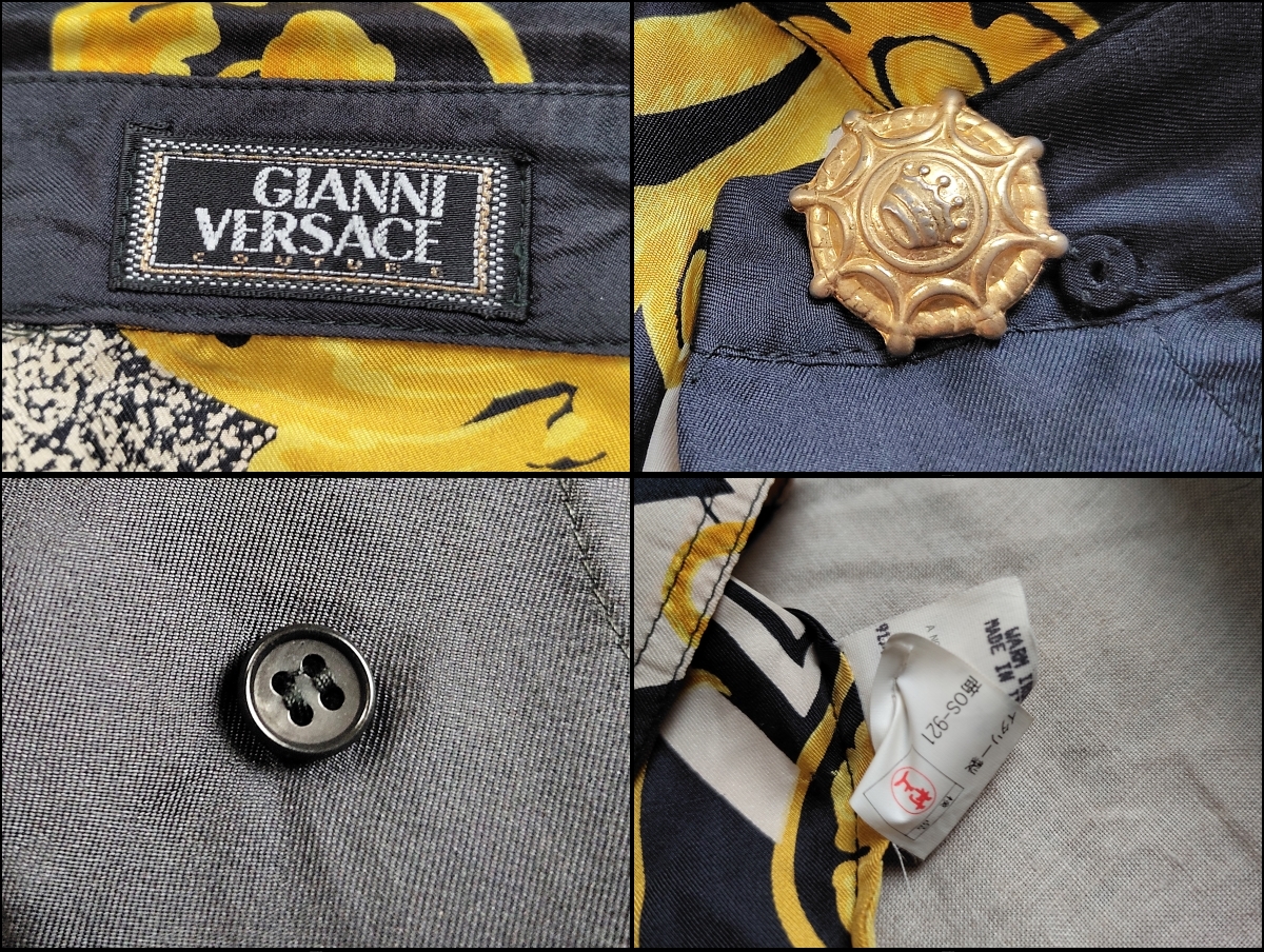 ビンテージ レア GIANNI VERSACE ジャンニ ヴェルサーチ シャツ シルク バロック 総柄 ペガサス プリント 王冠 金ボタン 38 ★10_画像10