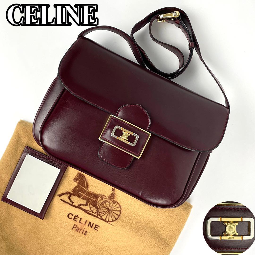 【極美品】CELINE セリーヌ ショルダーバッグ ポシェット トリオンフ ゴールド金具 マカダム ブラゾン ボックスカーフ ハンドミラー付き 革