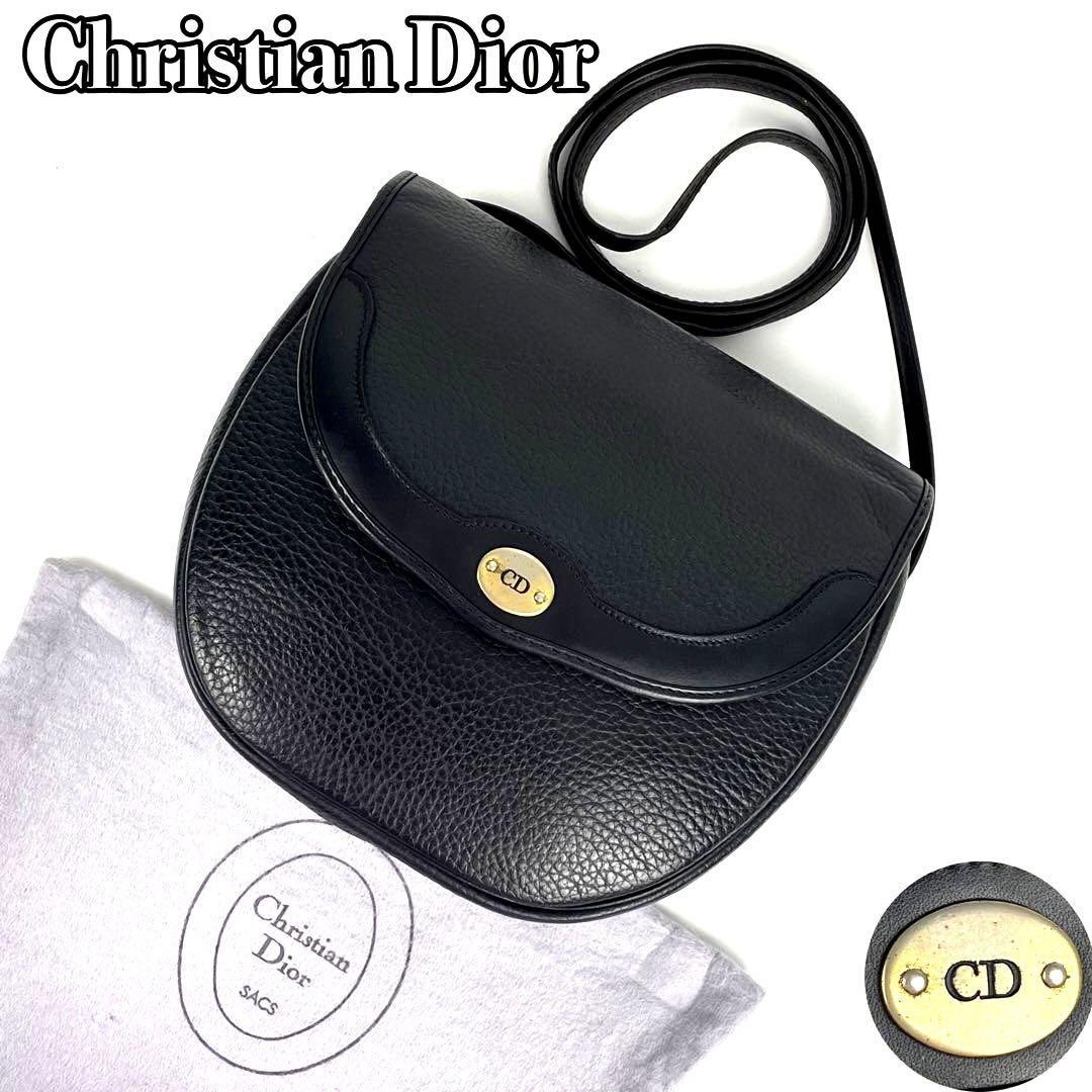 【美品】Christian Dior クリスチャンディオール ショルダーバッグ ポシェット CD ゴールド金具 ロゴ金具 オールレザー ブラック シボ革
