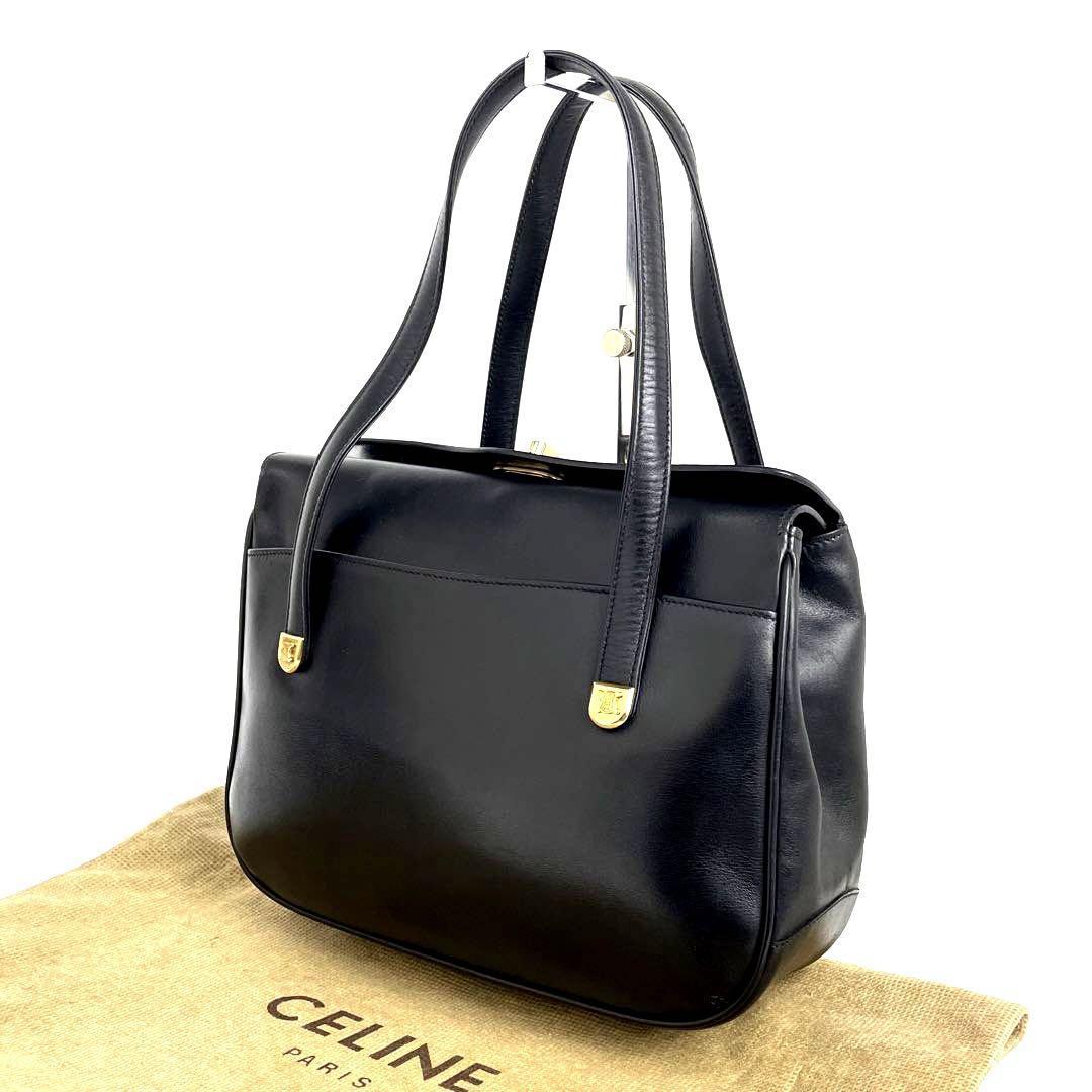 【美品】CELINE セリーヌ ハンドバッグ トートバッグ トリオンフ ロゴ型押し ゴールド金具 フォーマル マカダム ブラゾン カーフレザー 黒