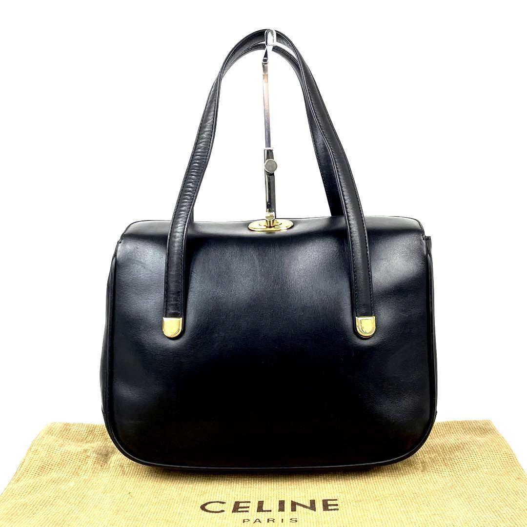 【美品】CELINE セリーヌ ハンドバッグ トートバッグ トリオンフ ロゴ型押し ゴールド金具 フォーマル マカダム ブラゾン カーフレザー 黒