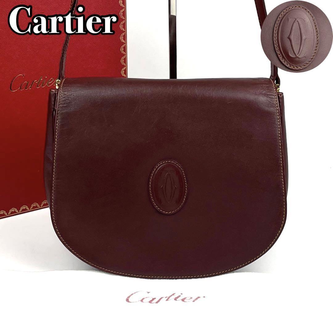 【美品】Cartier カルティエ マストライン ショルダーバッグ ポシェット デカロゴ ゴールド金具 裏地総柄 男女兼用 カーフ レザー ボルドー_画像1