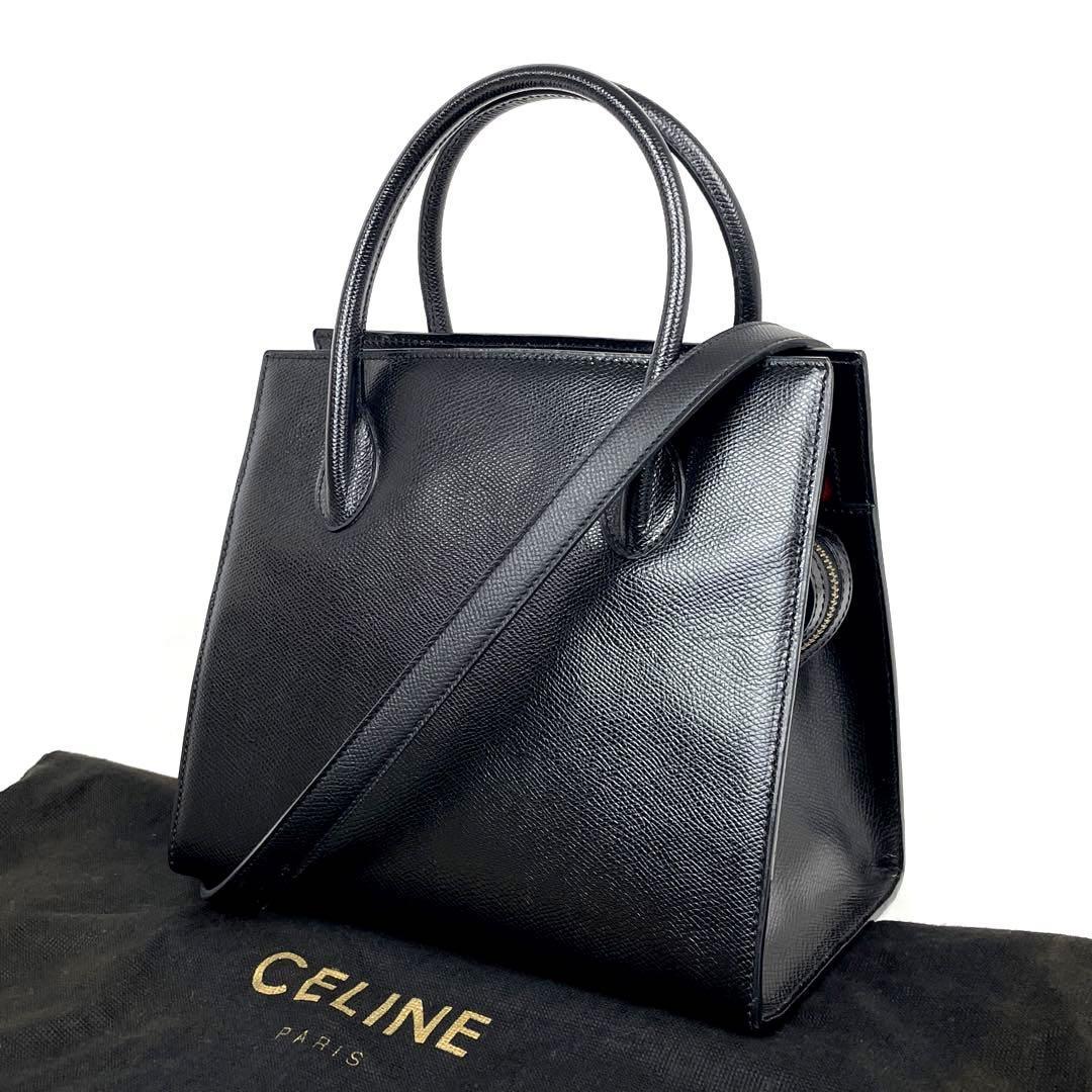 【極美品】CELINE セリーヌ ハンドバッグ 2way ショルダーバッグ ビジネス ロゴ型押し ゴールド金具 フォーマル 男女兼用 シボ革 レザー 黒_画像2