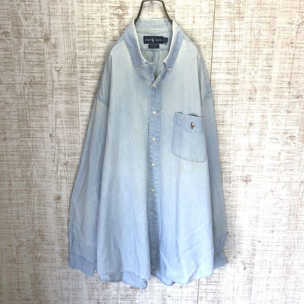 90's ラルフローレン BIG SHIRT BDシャツ ポロ 長袖 古着 XL ライトブルー メンズ レディース おしゃれ 3245_画像2