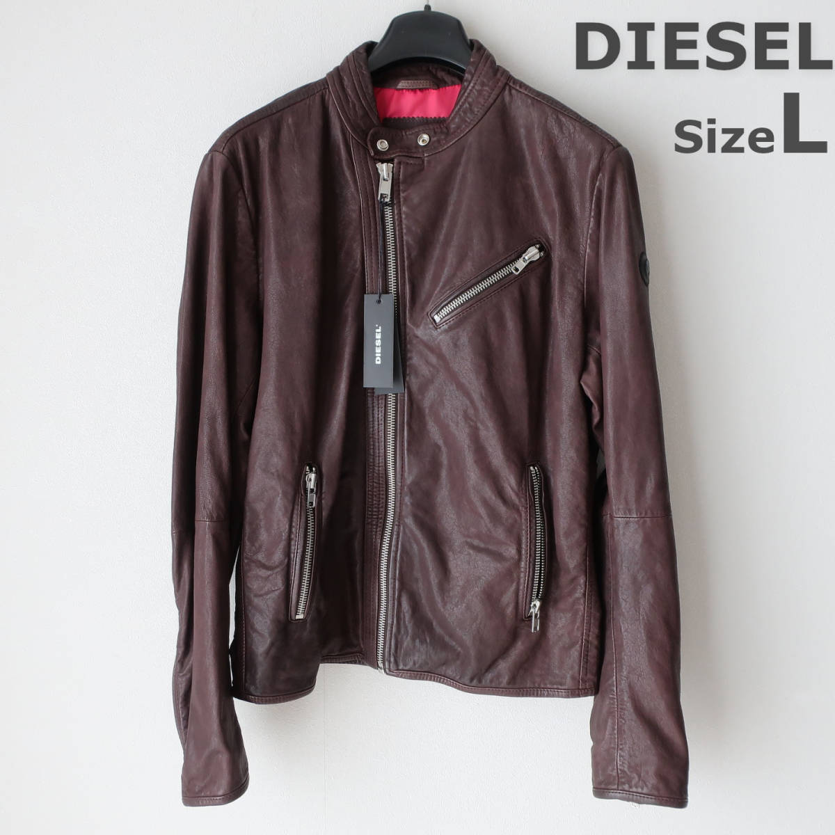 新品 DIESEL ディーゼル 上質レザー ライダース 革ジャン シングル レザージャケット シープスキン 茶 ブラウン 羊皮 メンズ Lサイズ