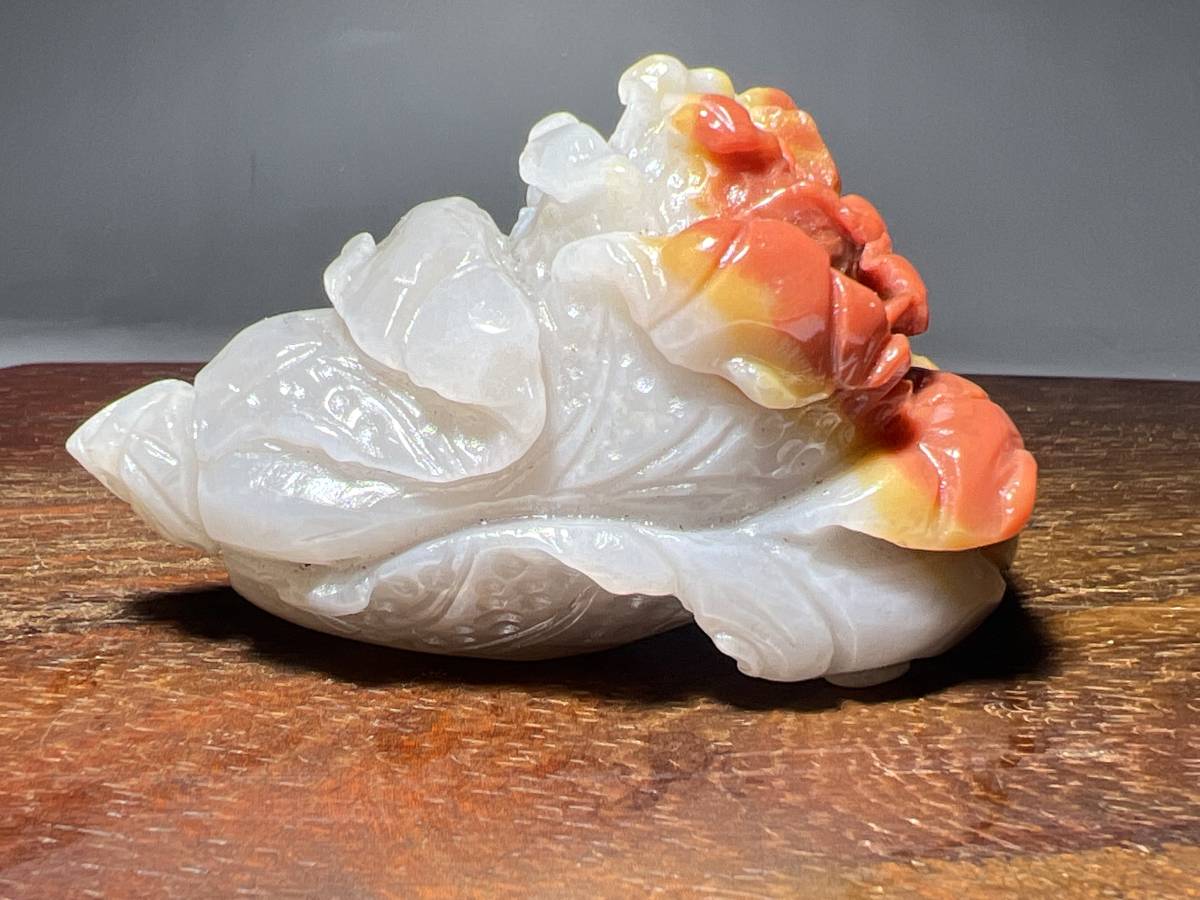中国古玩 清時代 和田玉 子料 白菜紋彫刻 翡翠 瑪瑙 琥珀 極細工毛彫