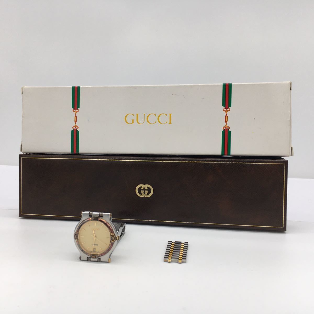 GUCCI グッチ 9000M QZ メンズ 腕時計 ゴールド 文字盤 デイト ラウンド 元箱 余りコマ付属 動作確認済 新品電池交換済_画像1