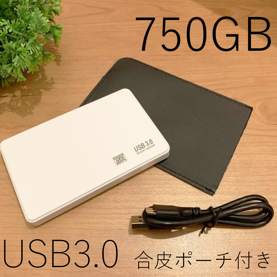 ★750GB★白 高速通信 USB3.0 ポータブル 外付けHDD Win11/Win10/Win8/Win7/Mac/PS4/PS5/XBox/テレビ録画 対応 合皮ポーチ付属_画像1