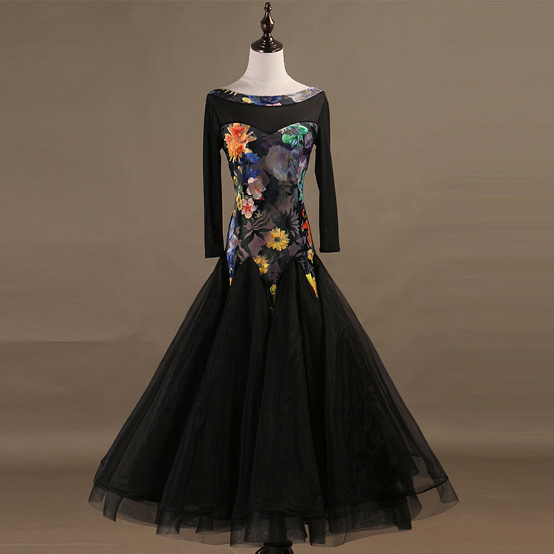 開店祝い レディース社交ダンス競技ドレス 最新作ロングワンピース 花柄黒色 サイズS M L XL XXL 社交ダンス 開店祝い レディース社交ダンス競技ドレス 最新作ロングワンピース 花柄黒色 サイズS M L XL XXL 社交ダンス