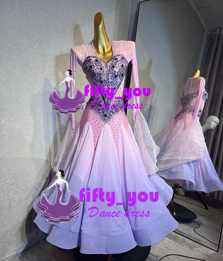 新品fifty_you　セミオーダードレス 　社交ダンス衣装 高級品　モダンドレス　スタンダードドレス ワルツドレス 　ストーン飾　ピンク紫色