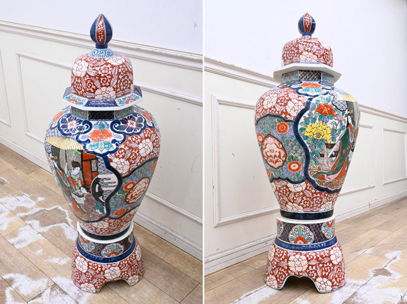 QJ15 美品 有田焼 光悦作 大型 色絵着物美人絵 沈香壷 飾壷 飾り壷