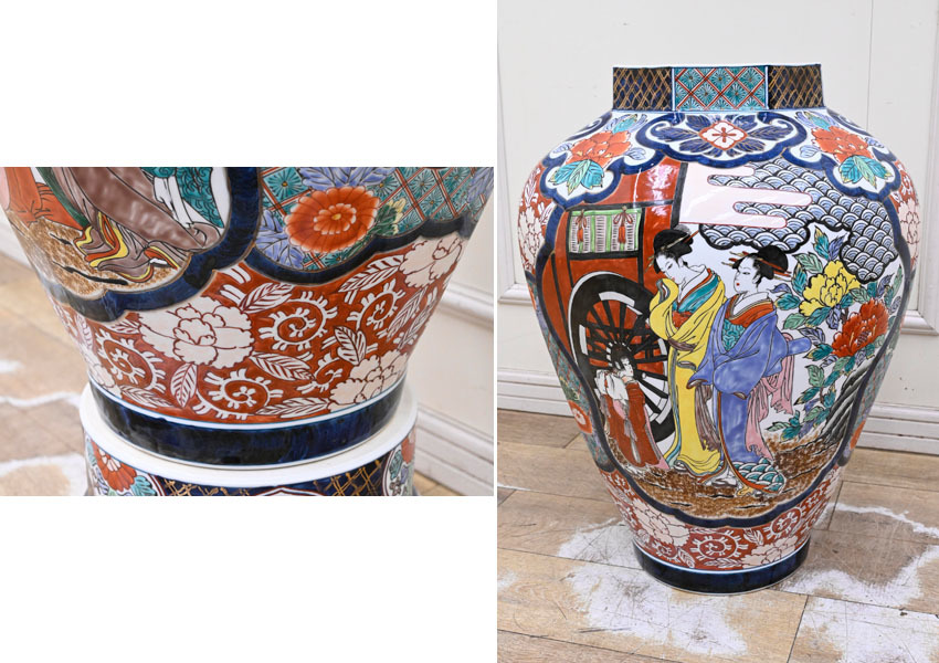 QJ15 美品 有田焼 光悦作 大型 色絵着物美人絵 沈香壷 飾壷 飾り壷