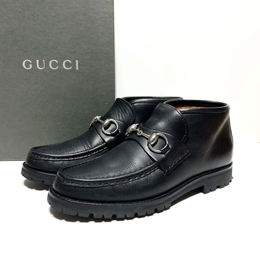 ☆良品 グッチ GUCCI ホースビット レザー ローファー ショートブーツ 黒×シルバー size 36.5 イタリア製 厚底 _画像1