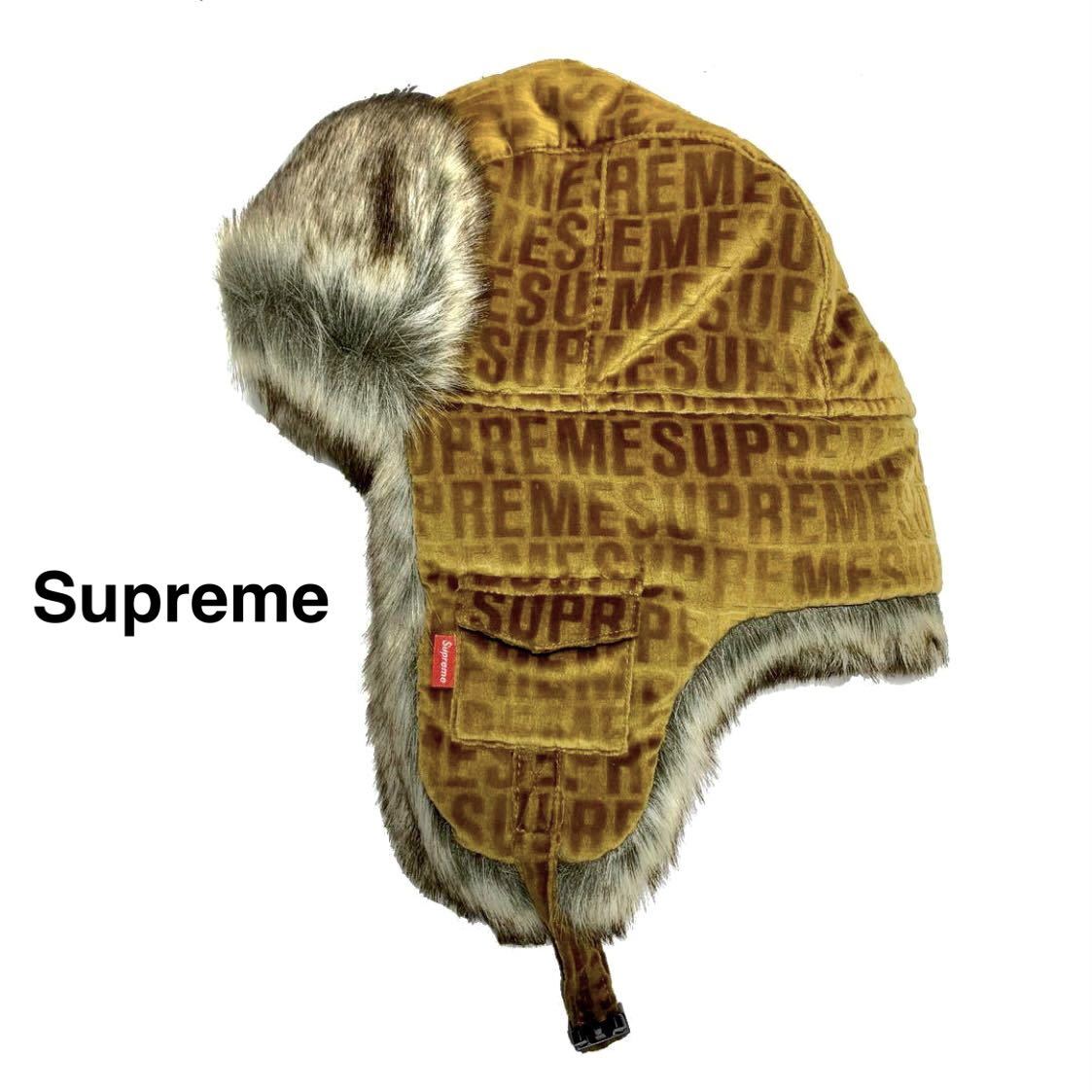 美品 シュプリーム Supreme ロゴ ベルベット ファー フライトキャップ