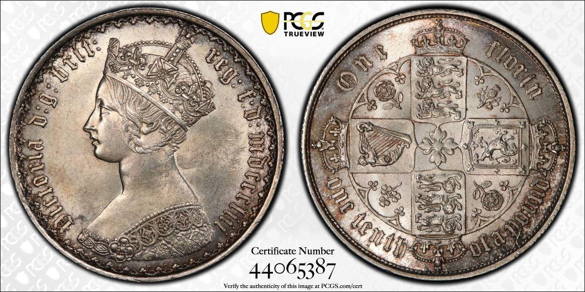 1853年 イギリス 英国 ビクトリア 女王 ゴシック フローリン 2シリング 銀貨 PCGS MS63 ゴシッククラウン_画像8
