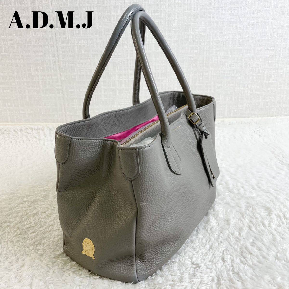 A.D.M.J トートバッグ レザー パスケース グレー ピンク-