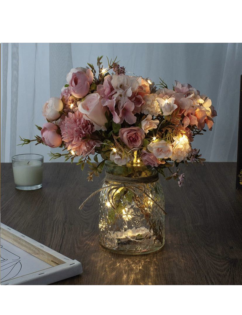 ピンクバラ造花 ガラス花瓶付き LEDムードライト インテリア飾りテーブルのセン_画像2