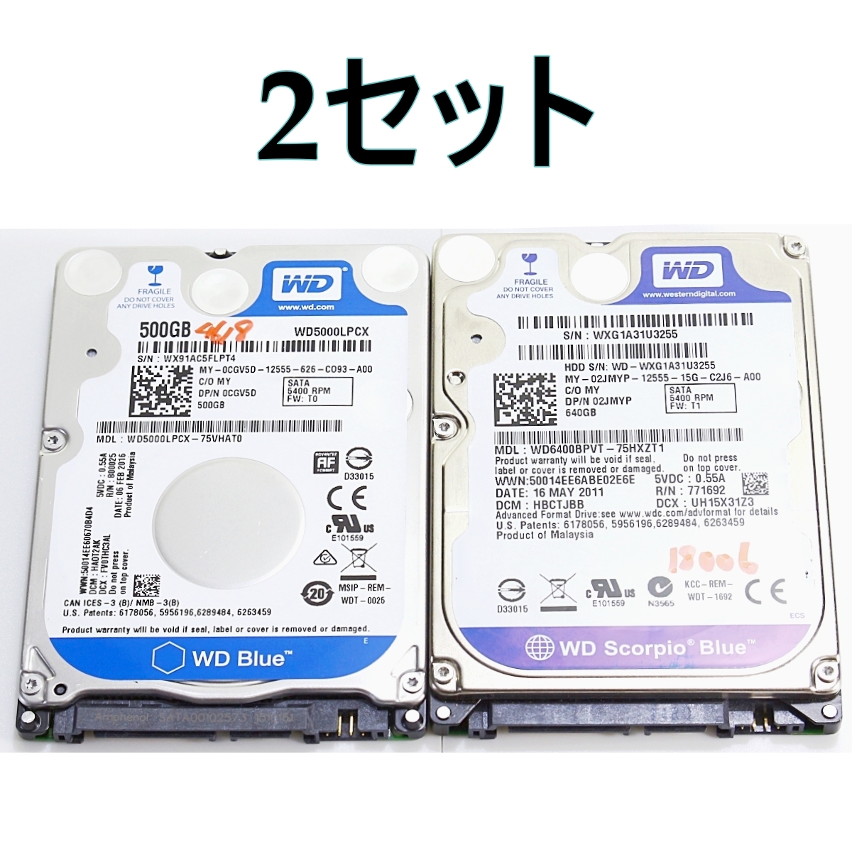 【 CrystalDiskInfo正常判定】 Western Digital WD6400BPVT-75HXZT1【640GB】 WD5000LPCX-75VHATO【500GB】 SATA 2.5インチ HDD _画像1