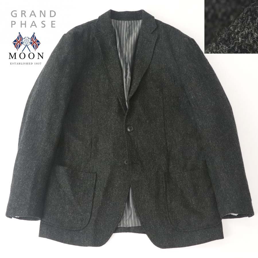 美品 GRAND PHASE グランフェイズ MOON社製 シェットランド ツイードウール 段返り 3つボタン テーラードジャケット ブラック 黒 XL_画像1