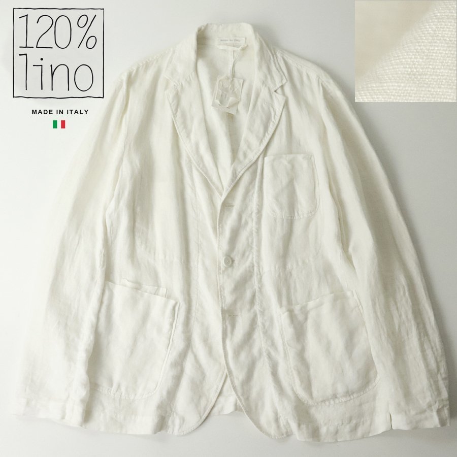 相場価格￥77,253- 美品 タグ付き 伊勢丹購入 イタリア製 120% lino リノ 麻 リネン100％ テーラードジャケット ホワイト 白 XL ブレザー-_画像1