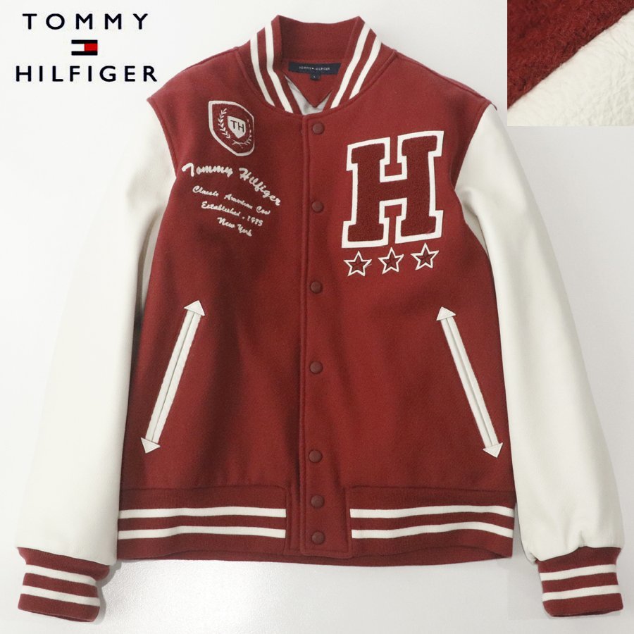 相場価格￥36,500- 美品 TOMMY HILFIGER トミーヒルフィガー 牛革レザー メルトンウール 袖革スタジャン 赤 レッド L 中綿入り_画像1