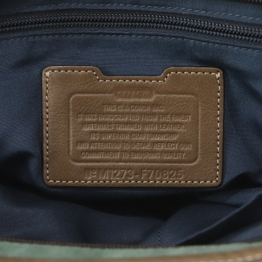 人気！ 美品 COACH コーチ F70825 牛革 部分レザー 2WAY ヘリテージ ウェブ キャンバス ストライプ トートバッグ 緑×紺 斜めがけ-_画像8