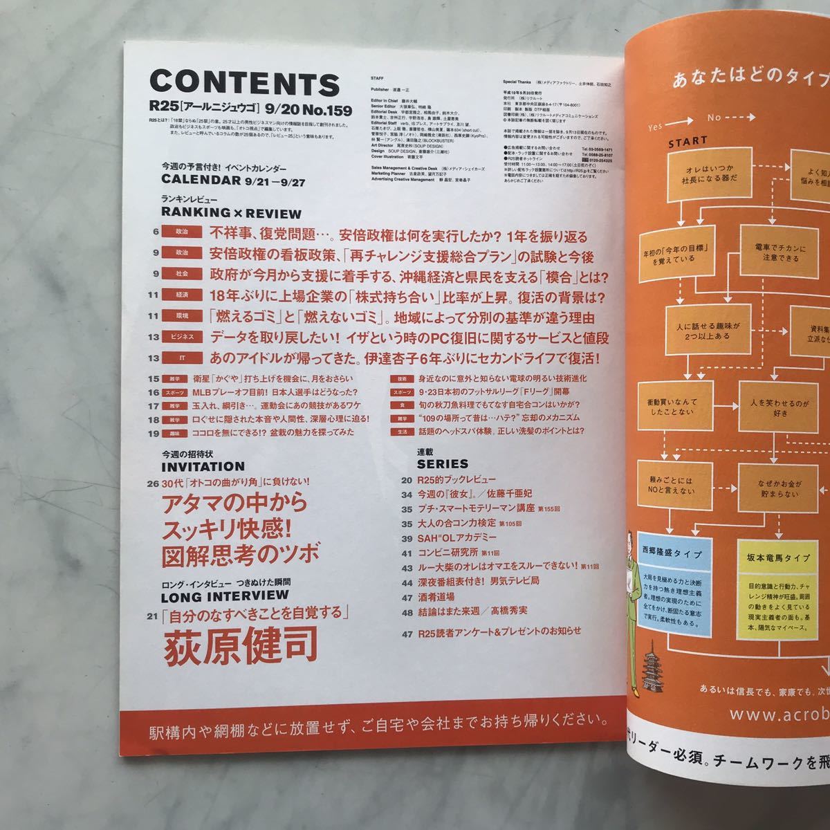 リクルート情報誌　R25　萩原健司　佐藤千亜妃　安倍政権　No.159号 　2007. 9/21～9/27