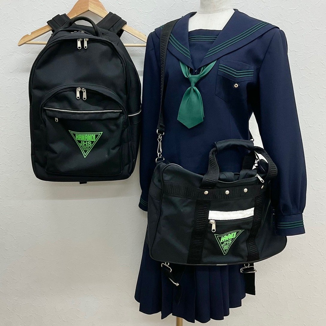 U59/S969(中古/箱)大阪府 花乃井中学校 女子制服5点 /校章付き/170A/W66/セーラー/スカート/リボン/リュック/鞄/冬服/緑3本/紺/卒業生品/