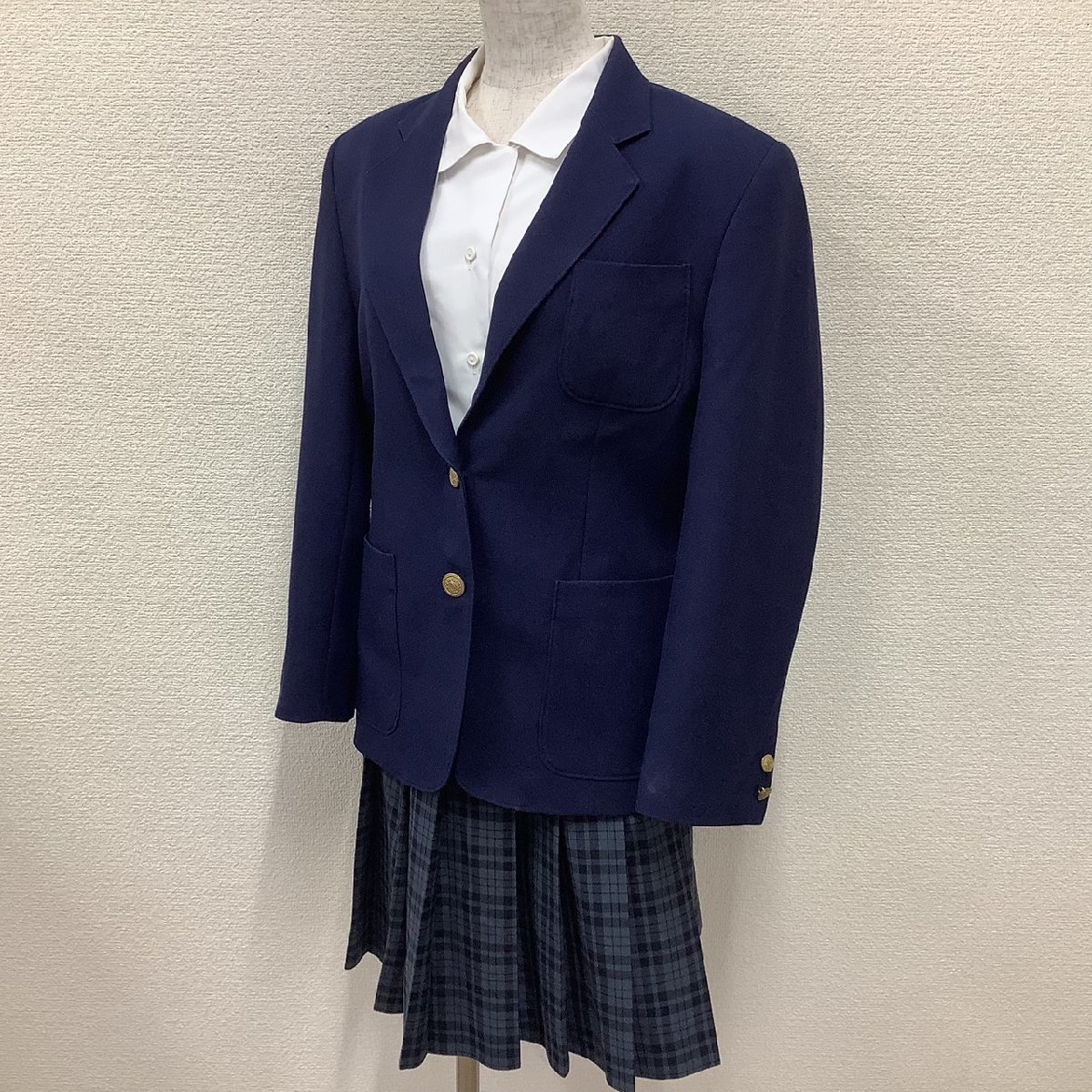 I72/Y(中古)東北方面 女子制服3点 /校名不明/M/L～LL/W73～79/ブレザー/ブラウス/スカート/チェック柄/青紺/冬服/中学/高校/学生服