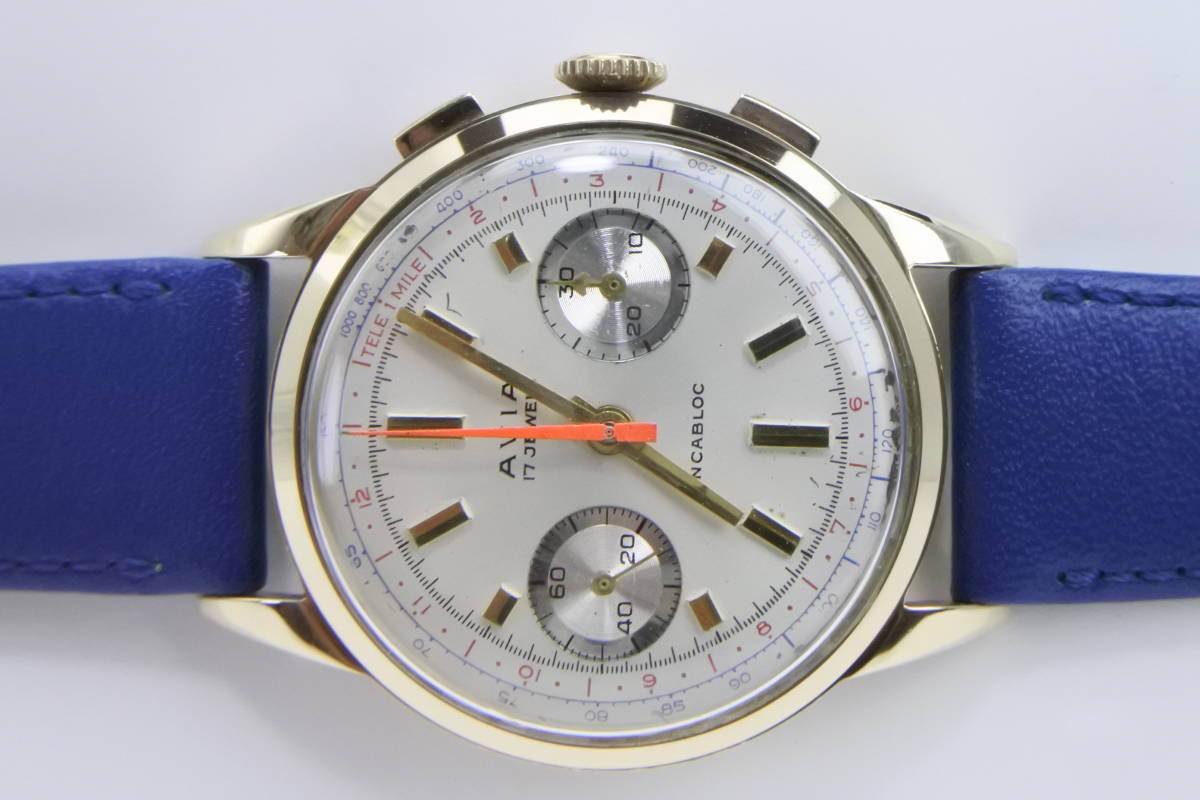☆☆☆ K9金　1950年代頃SWISS製　AVIA ツーレジスター クロノグラフ　ランデロン248 手巻紳士腕時計　中古逸品