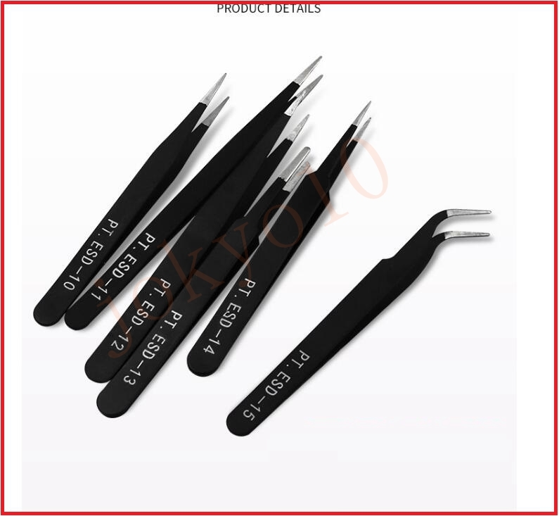  free shipping ESD precise tweezers superfine tweezers model made stainless steel steel made 6 pcs insertion . small work optimum electrolysis anti-rust black color film exclusive use storage sack attaching 