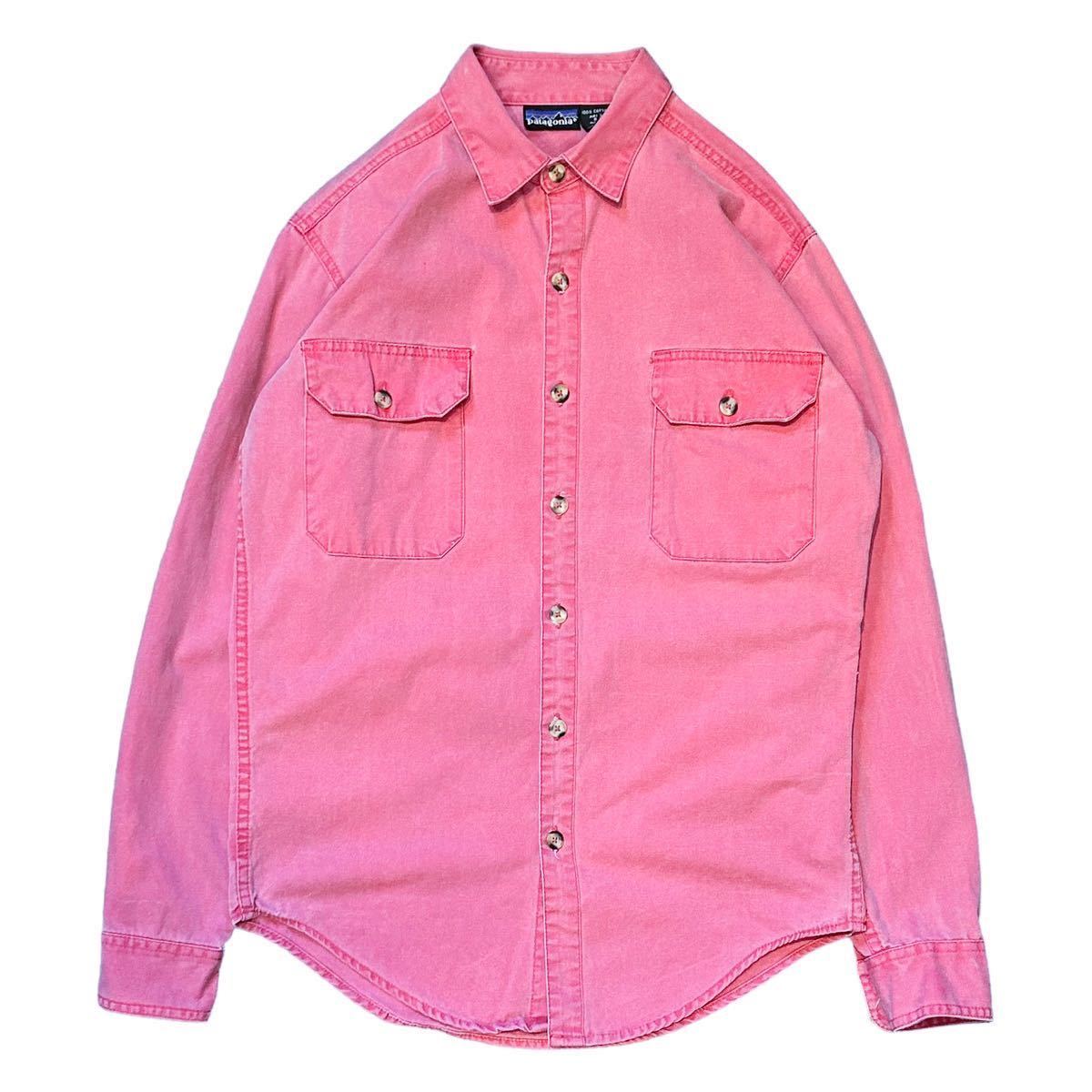 80’s patagonia パタゴニア ビンテージ L/S シャツ Sサイズ ピンク 赤 コットン ダック生地 長袖ワークシャツ Rマーク アウトドア 90年代