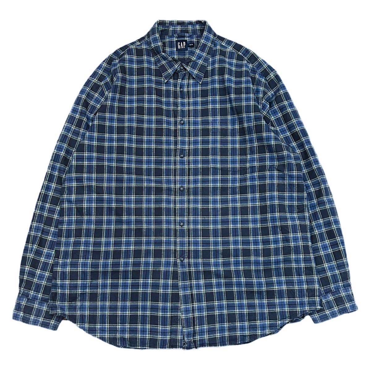 90’s〜 OLD GAP オールドギャップ 長袖 チェックシャツ XLサイズ コットン 青 ブルー グリーン ライトネルシャツ インド綿 タータン